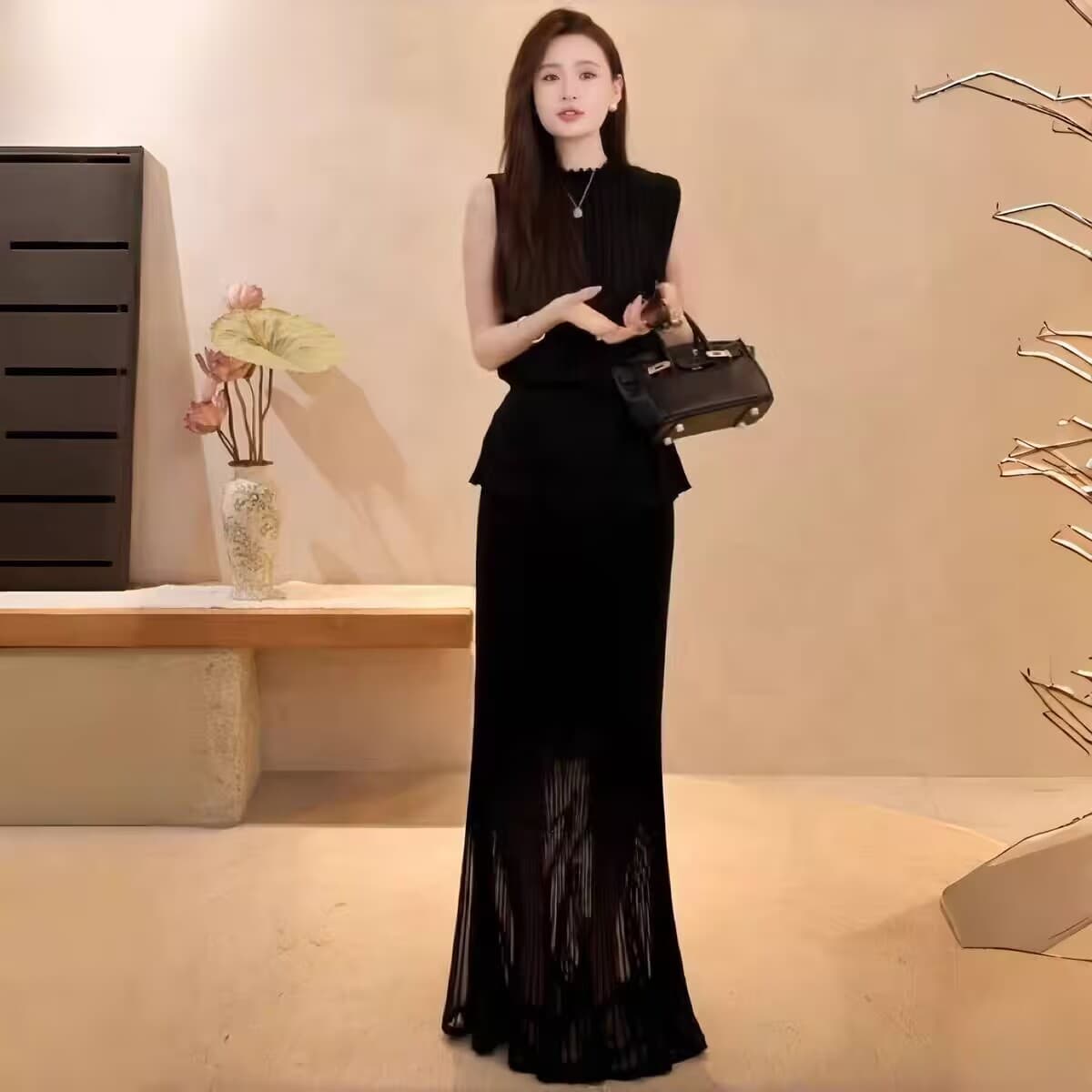 2026 봄 여름 새로운 빛 럭셔리 레이스 칼라 플리츠 허리 수축 니트 맨위 도루 센스 슬림해 보이는 타이트 스커트 인어 꼬리 치마 세트 이미지 4