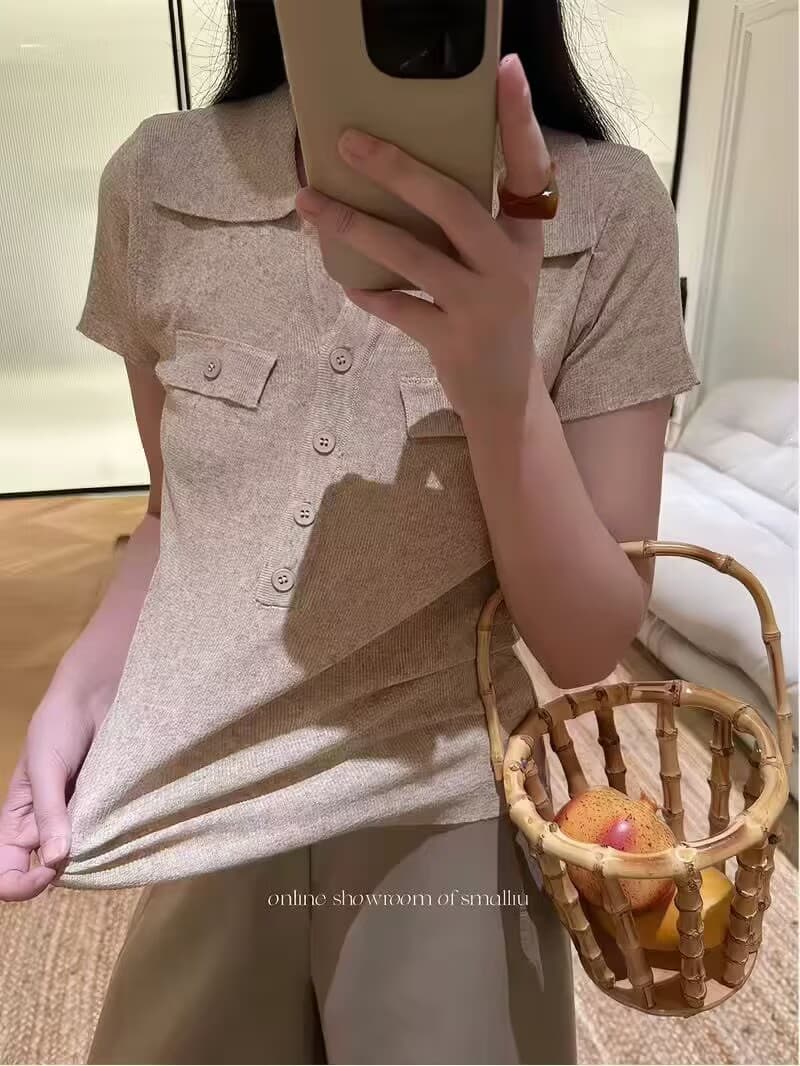 아마 레트로 V넥 몸매 가꾸기 POLO 칼라 셔츠 여름 반팔 니트 티셔츠 상세 이미지 2