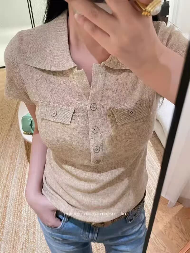 아마 레트로 V넥 몸매 가꾸기 POLO 칼라 셔츠 여름 반팔 니트 티셔츠 상세 이미지 5