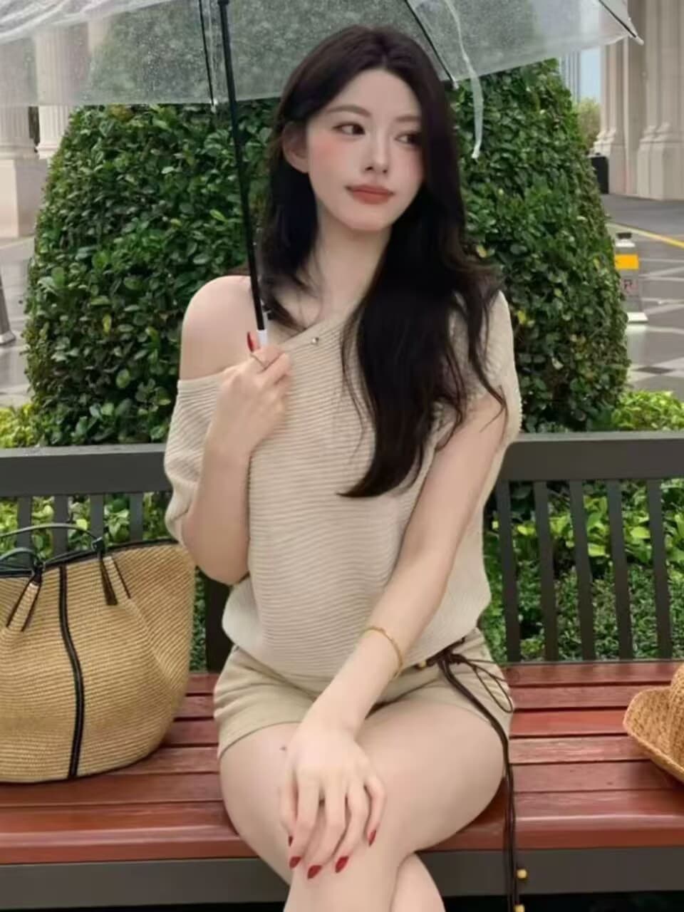 도파민 착용 가져 가라. 녹색 오프숄더 니트 반팔 티셔츠 여성 자이언트 잘 생긴 ~ 중 여름 고유 한 아름다운 작은 맨위 이미지 3