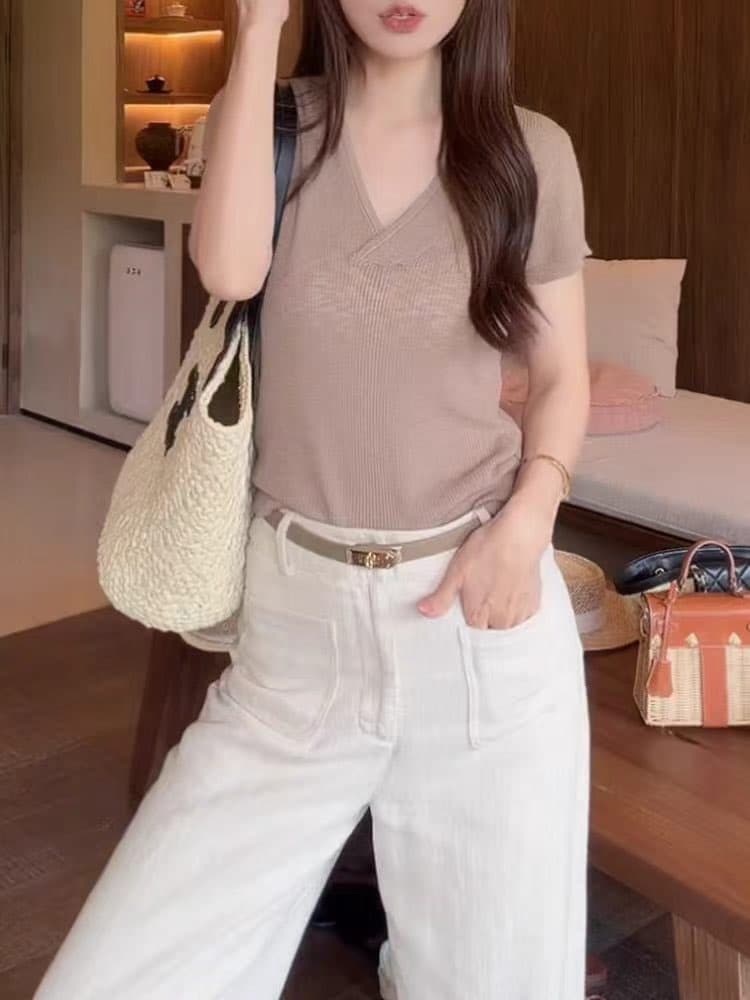 칼라 커피 색상 얇은 스타일 긍정적 인 어깨 반팔 니트 티셔츠 여성 2026 여름 새로운 패션 캐주얼 슬림해 보이는 다용도 맨위 이미지 4