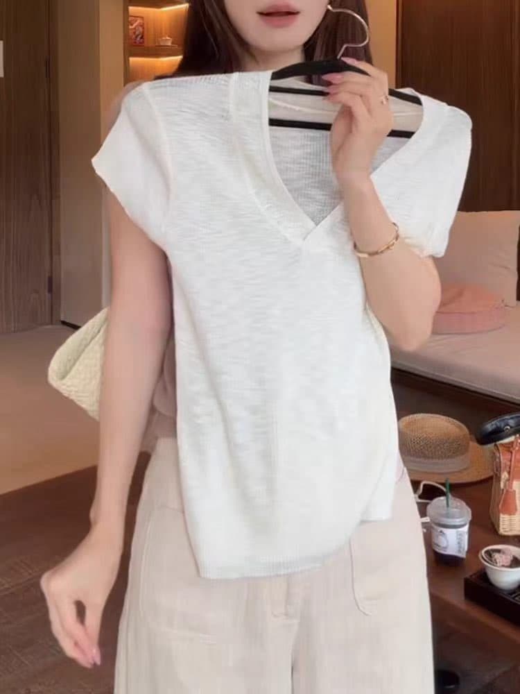 칼라 커피 색상 얇은 스타일 긍정적 인 어깨 반팔 니트 티셔츠 여성 2026 여름 새로운 패션 캐주얼 슬림해 보이는 다용도 맨위 상세 이미지 1