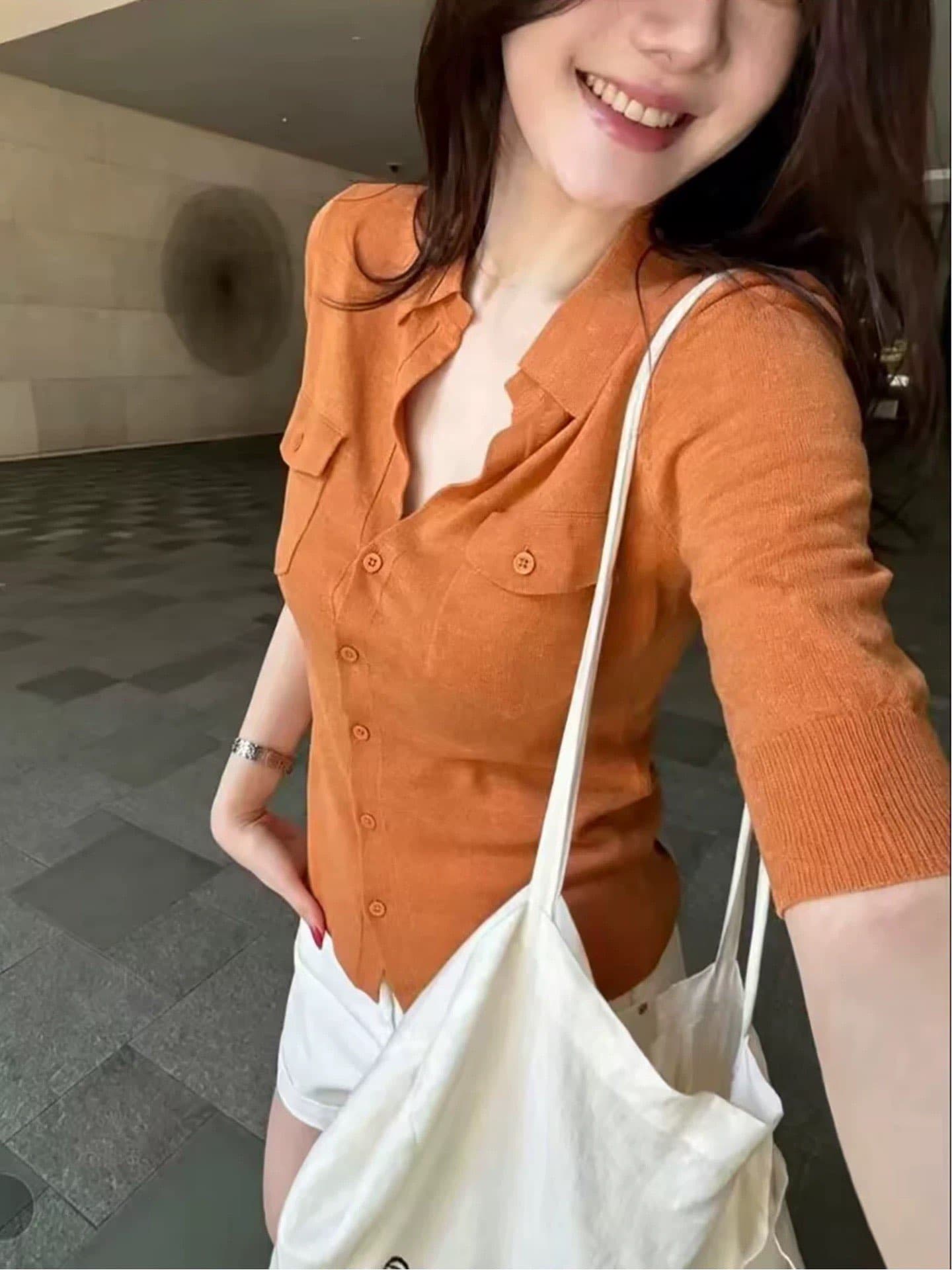 오래된 돈 바람 블루 색상 아마 반팔 여성 셔츠 여름 다용도 허리 수축 몸매 가꾸기 품격 고급 센스 출퇴근 맨위 상세 이미지 3