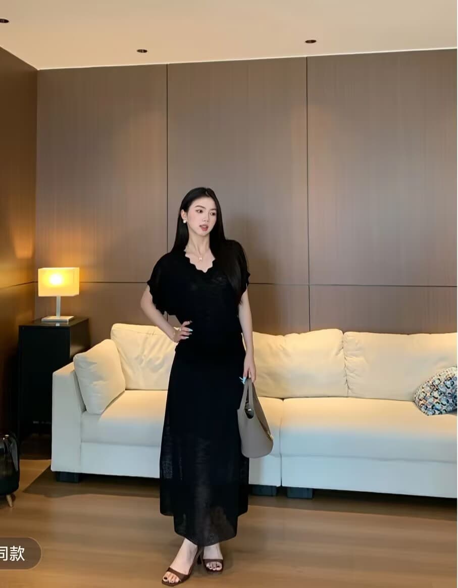청 산소 부드러운 실 느긋한 느슨함 센스 물결무늬 칼라 품격 세트 통기성 얇은 스타일 슬림해 보이는 롱 스커트 투피스 세트 상세 이미지 3