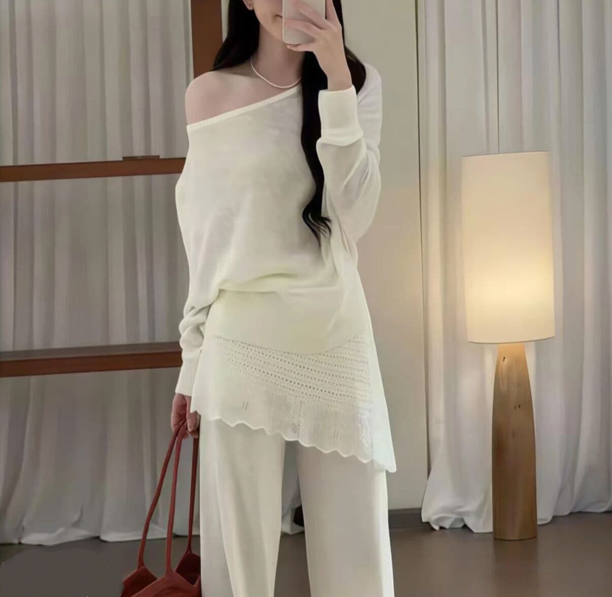 2026 여름 새로운 여성 한 부서 착용 가져 가라. 오프숄더 긴팔 맨위 하이웨이스트 슬림해 보이는 페이크 레이어드 넓은 다리 길이 바지 상세 이미지 5
