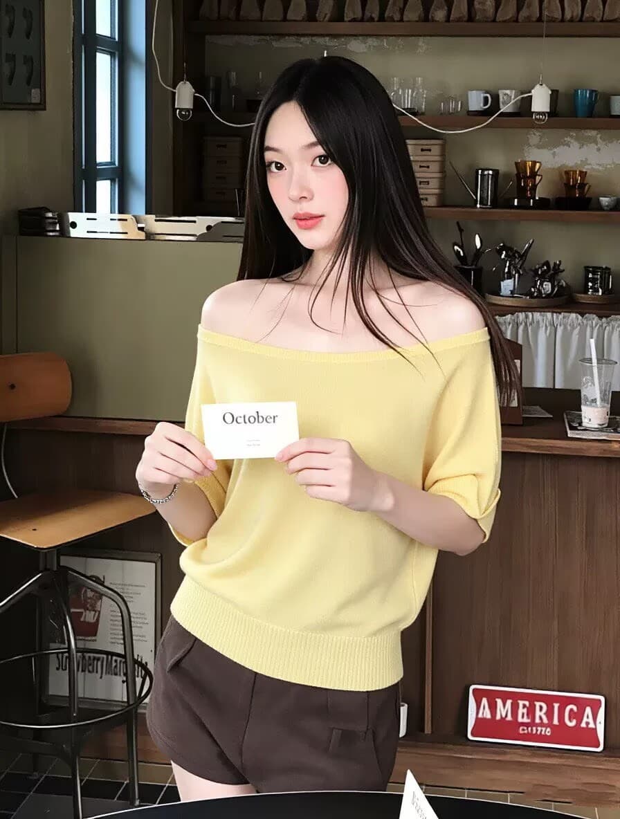 한 부서 비스듬한 어깨 배트윙 소매 니트 스웨터 여성 여름 디자인 센스 오프숄더 반팔 티셔츠 루즈핏 도파민 맨위 ins 상세 이미지 5