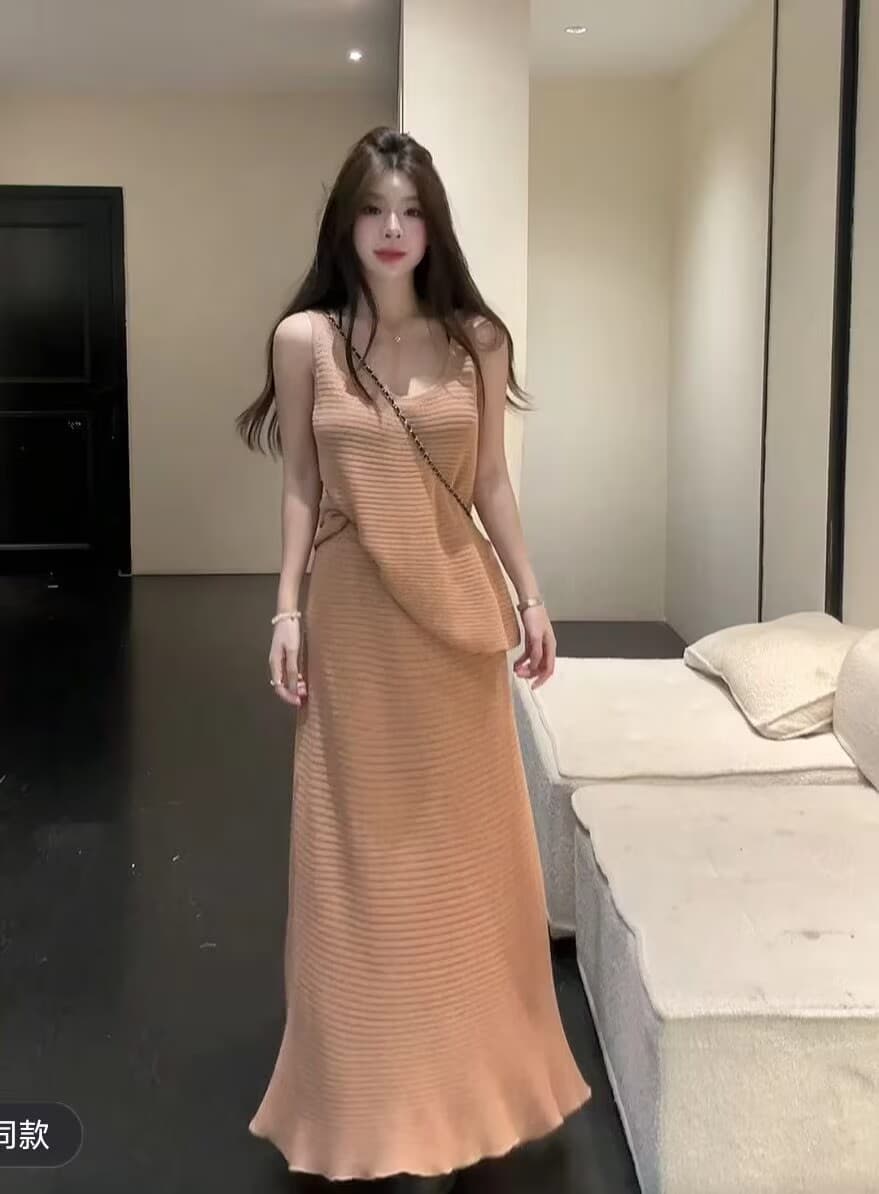 홀로우 아웃 니트 캐미솔 반신 치마 세트 여성 여름 루즈핏 민소매 맨위 하이웨이스트 슬림해 보이는 롱 스커트 투피스 세트 이미지 5