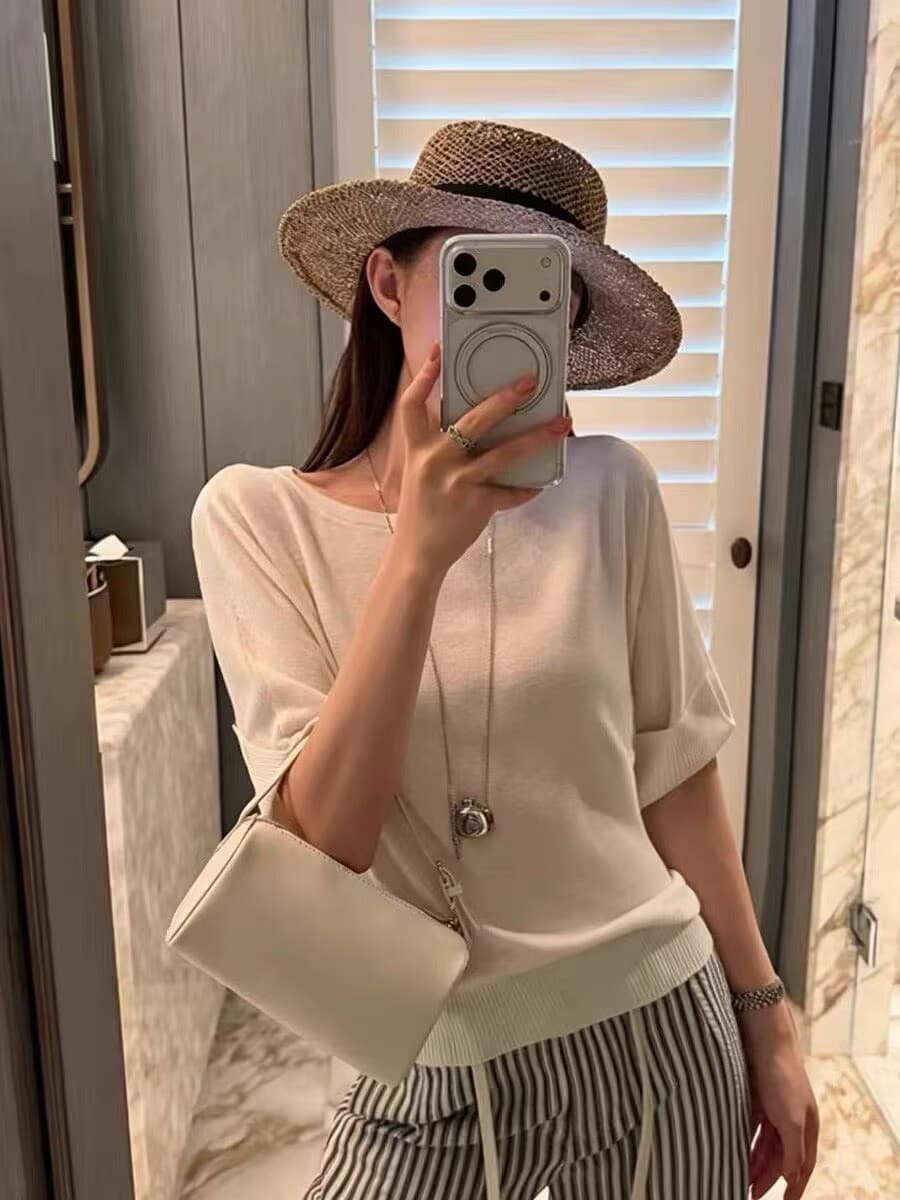 검은 콩 흠 우유 다우 시시 양 양모 혼합 배트윙 소매 니트 스웨터 보트넥 비스듬한 어깨 둘 착용 반팔 여성 이미지 2