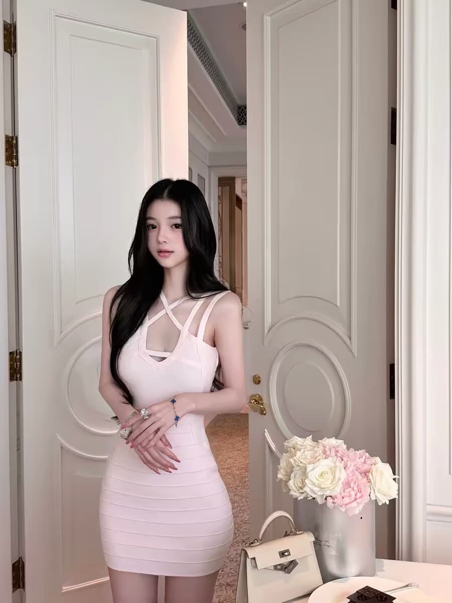 사쿠라 네트워크 포장 스타 세트 염색 Tulle 사쿠라 꽃가루 순수한 욕망 섹시함 몸매 가꾸기 붕대 타이트 스커트 여성 드레스 상세 이미지 1
