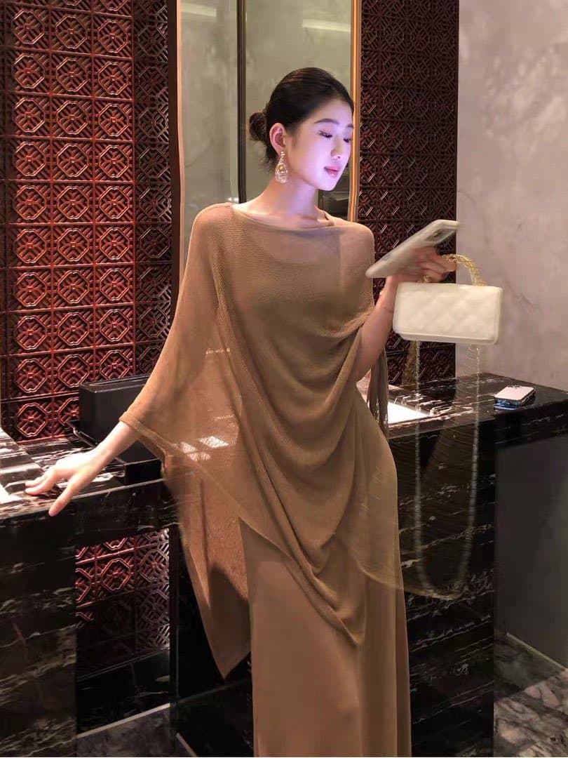 부드러운 바람 품격 불규칙 숄 새로운 몸매 가꾸기 품격 슬림해 보이는 빛 요리 한 우아함 슬립 드레스 투피스 세트 상세 이미지 6