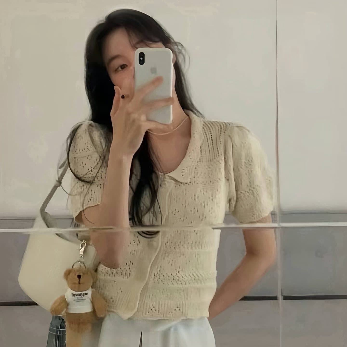 한국 chic 패션 홀로우 아웃 귀여운 작은 레이스 베이비 칼라 반팔 니트 스웨터 여성 프랑스식 품격 우아함 맨위 이미지 2