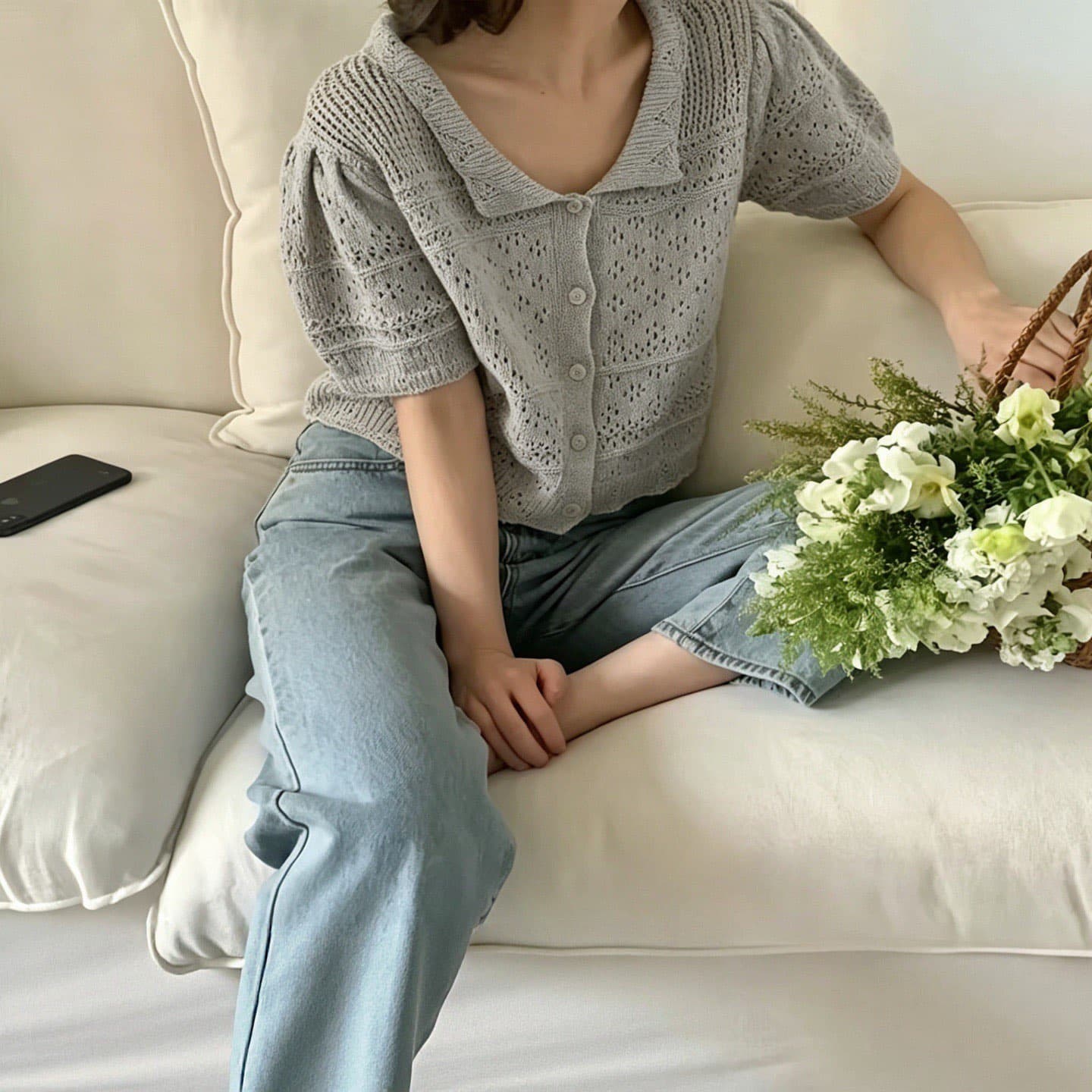 한국 chic 패션 홀로우 아웃 귀여운 작은 레이스 베이비 칼라 반팔 니트 스웨터 여성 프랑스식 품격 우아함 맨위 상세 이미지 1