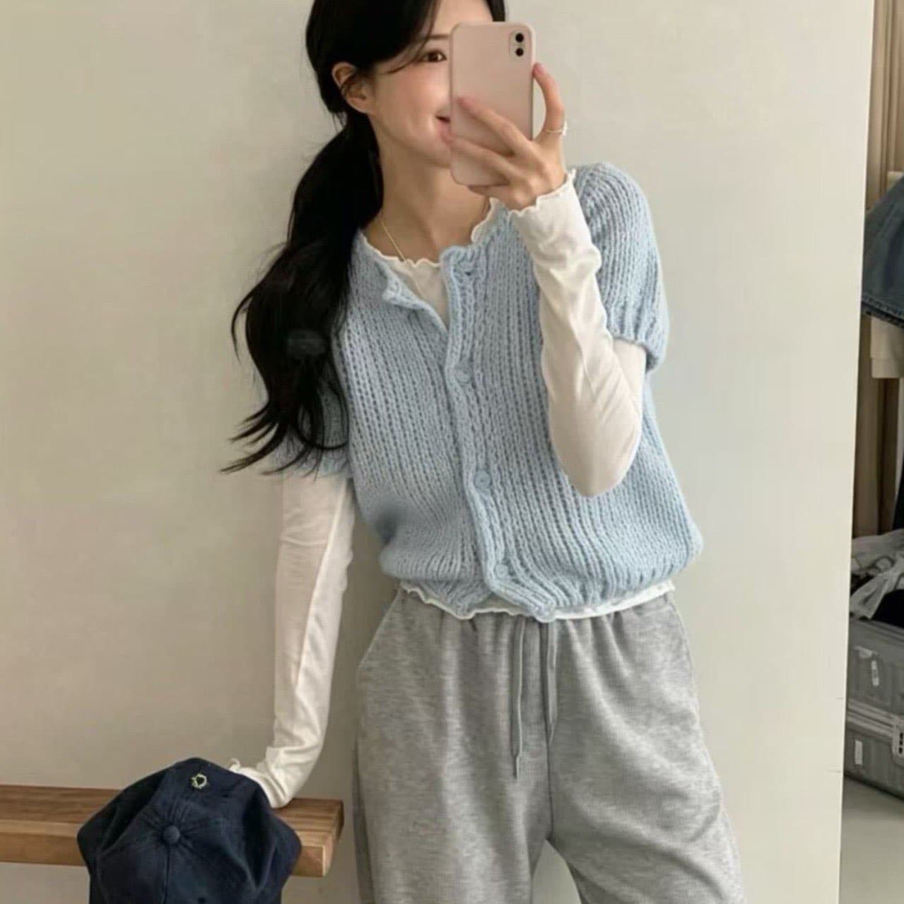 한국 ins 라운드 넥 부서 버클 반팔 니트 카디건 코트