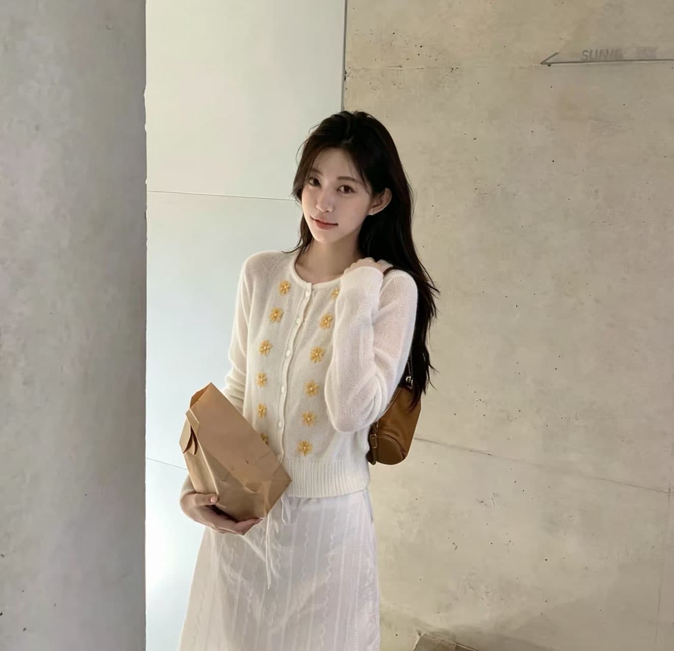 한국 ins 가을 3 차원 꽃 자수 신선함 연령 감소 슬림해 보이는 다용도 라운드 넥 니트 오픈 가디건 여성 상세 이미지 1