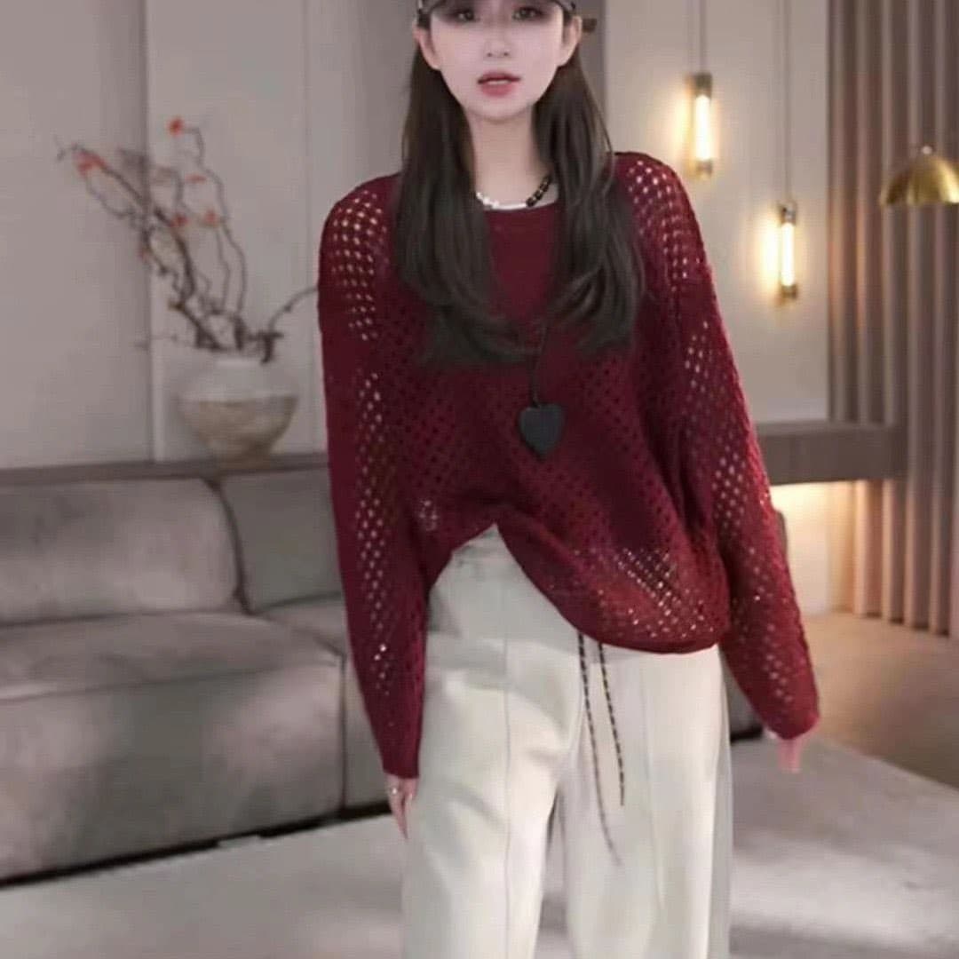 단색 이른 가을 새로운 니트 스웨터 여성 홀로우 아웃 인터넷 셔츠 긴팔 풀오버 캐주얼 외국 가스 상세 이미지 1