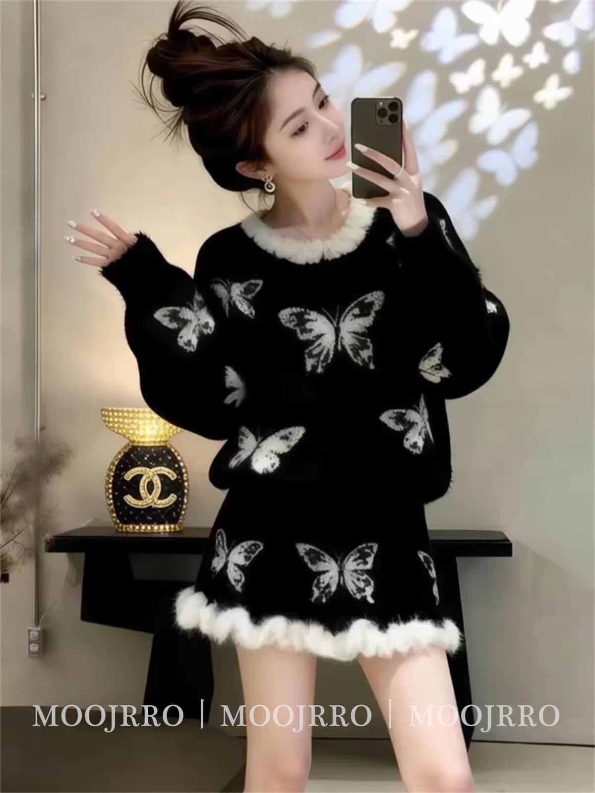 한 바람 chic 전체 집합 부드러운 바람 자이언트 잘 생긴 레트로 검정색 니트 스웨터 미니 스커트 투피스 슈트 2026 겨울 상세 이미지 1