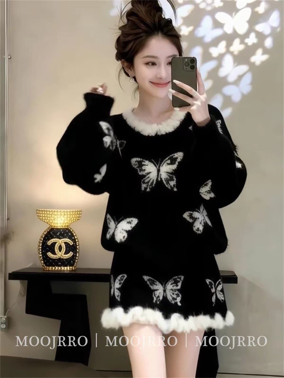 한 바람 chic 전체 집합 부드러운 바람 자이언트 잘 생긴 레트로 검정색 니트 스웨터 미니 스커트 투피스 슈트 2026 겨울 상세 이미지 2