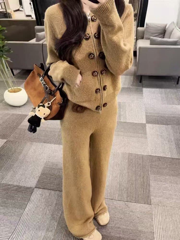 레트로 부드러운 찹쌀 골드 Chic 속 버클 느긋한 바람 두꺼운 스웨터 오픈 가디건 여성 겨울 새로운 캐주얼 와이드 레그 팬츠 세트 상세 이미지 3