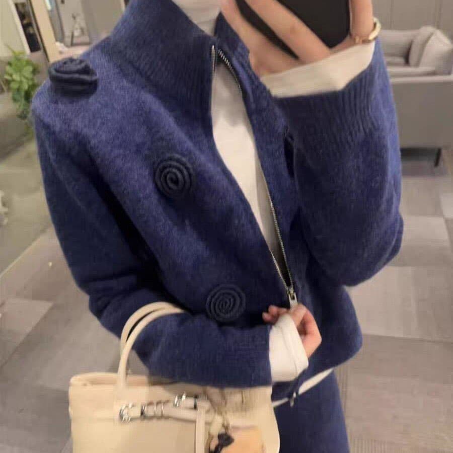 전체 집합 ootd 착용 가져 가라. 세트 여성 2026 새로운 파란색 3 차원 꽃 니트 오픈 가디건 캐주얼 바지 투피스 세트