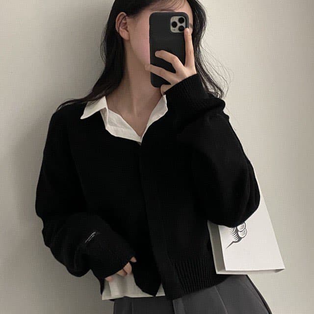 한국 chic 가을 겨울 레트로 품격 V넥 어둠 버클 디자인 루즈핏 캐주얼 다용도 긴팔 니트 카디건 코트 상세 이미지 3