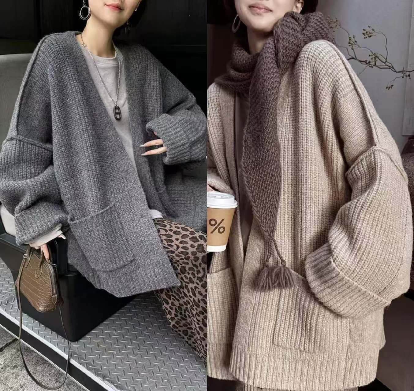 가을 겨울 새로운 프랑스식 레트로 양모 V넥 니트 오픈 가디건 여성 루즈핏 느긋한 캐주얼 질감 센스 스웨터 코트