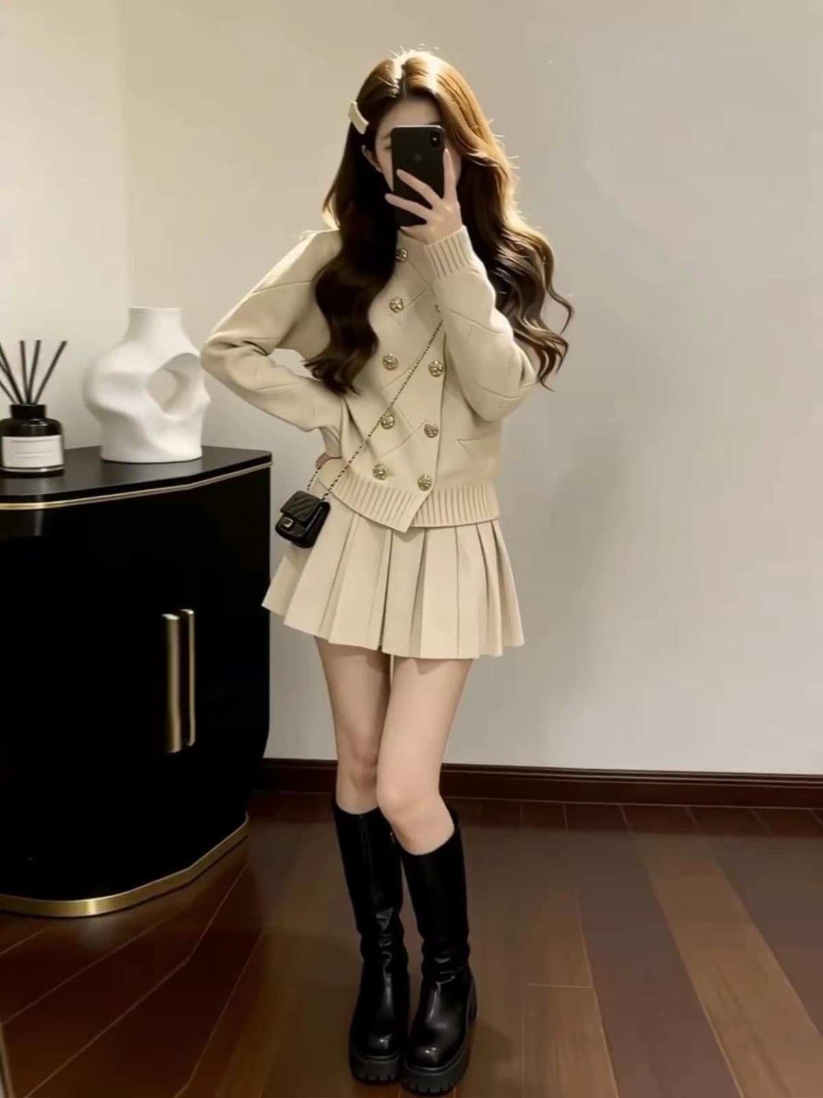 작은 키 향기로운 스웨터 원피스 아이들 이른 가을 2026 새로운 그레이트 통해보기 가져 가라. 전체 집합 미니 스커트 세트 이미지 3