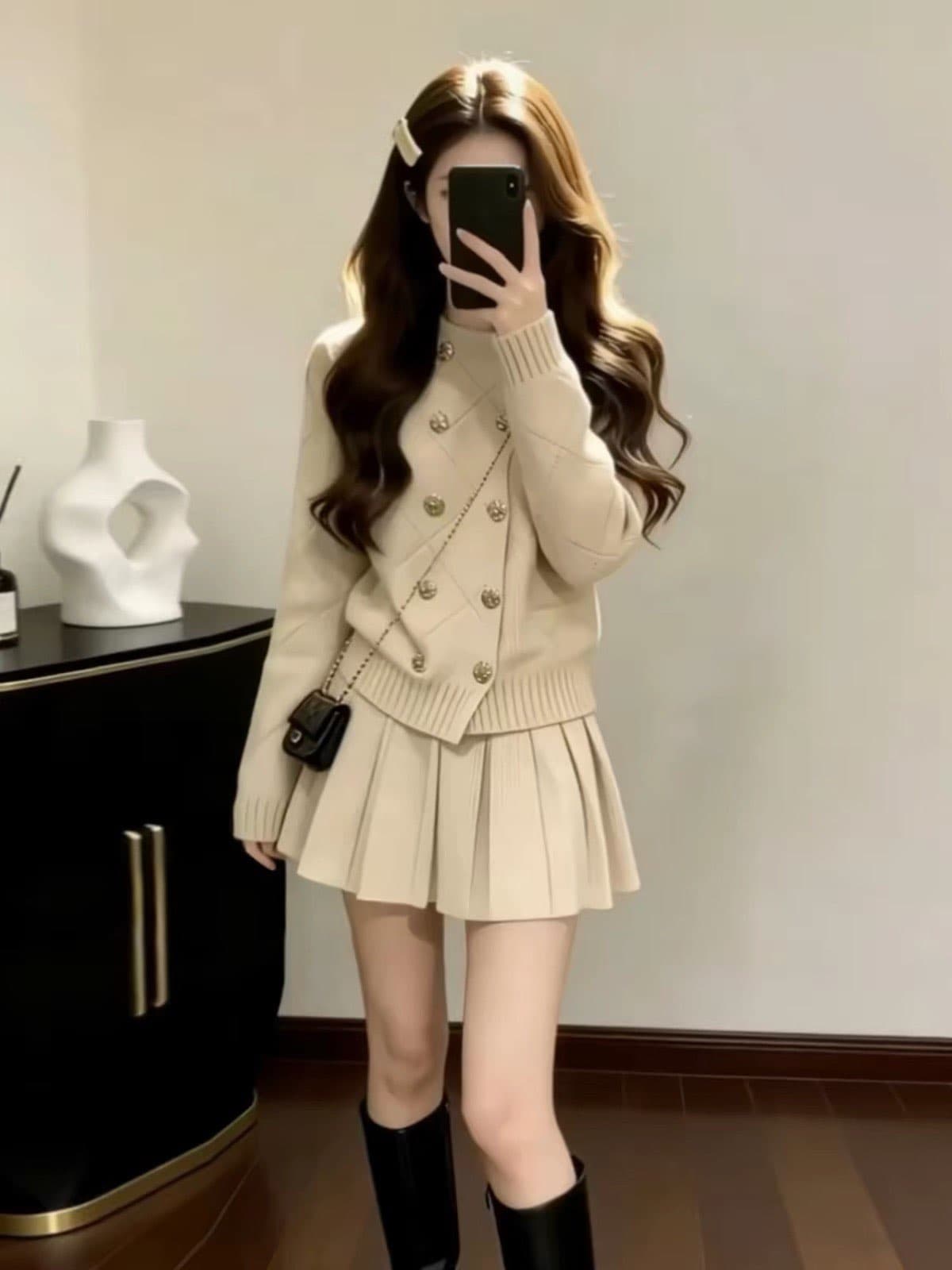작은 키 향기로운 스웨터 원피스 아이들 이른 가을 2026 새로운 그레이트 통해보기 가져 가라. 전체 집합 미니 스커트 세트 상세 이미지 4