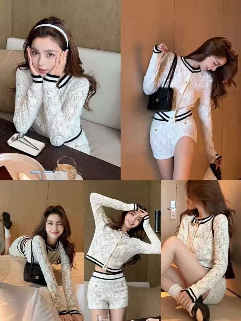 파리 우는 소리 천 골드 서클 실 좋은 에 Jiao 예쁜 샤오시엔 세트 여성 이른 가을 화이트 오픈 가디건 쇼트 스타일 투피스 세트 상세 이미지 4