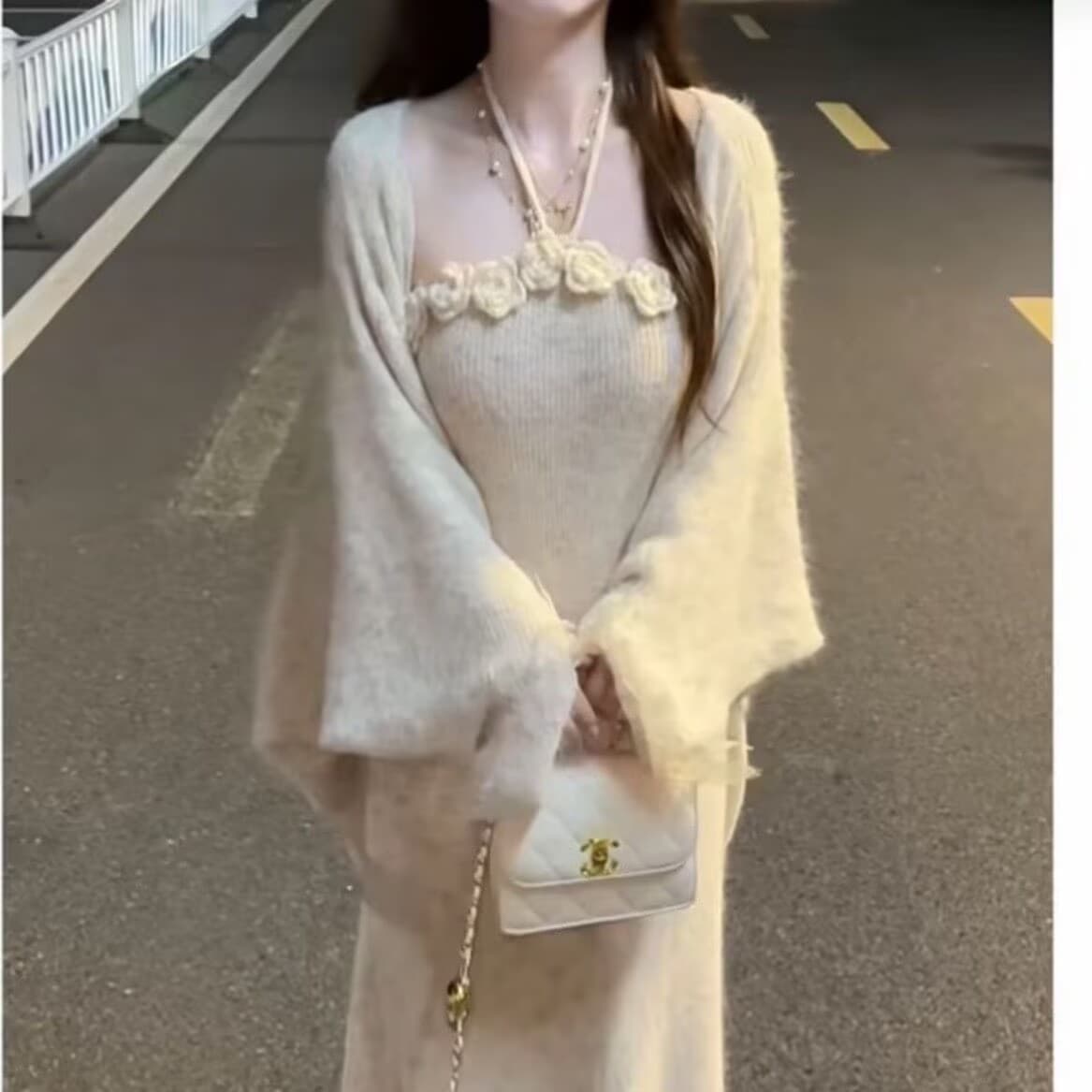 레이스 조각 니트 오픈 가디건 행침 목 슬림해 보이는 몸매 가꾸기 드레스 두 조각 여성 세트 이미지 2