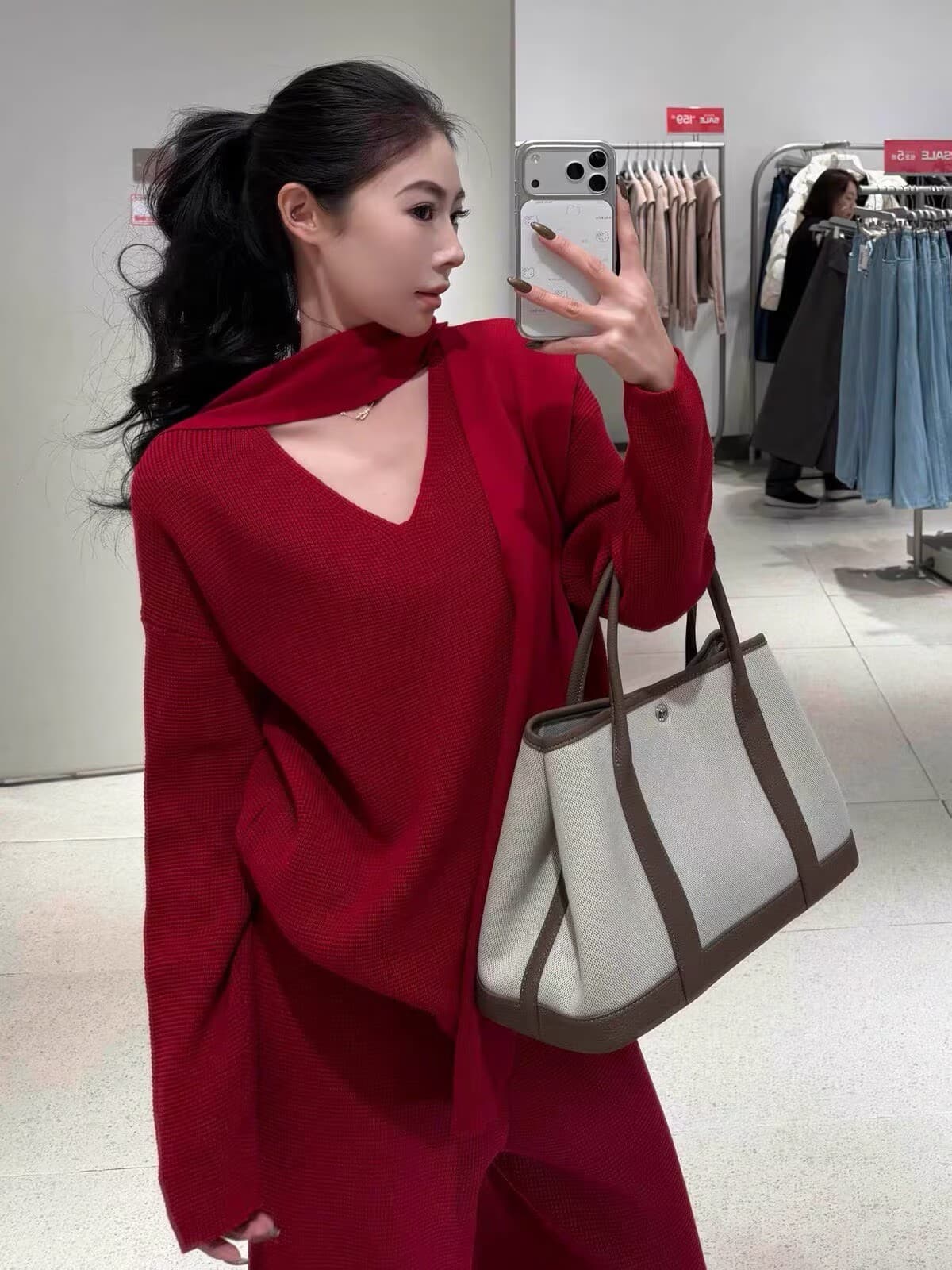 한 부서 단색 니트 익스트림 제인 바람 세트 여성 봄 가을 루즈핏 캐주얼 V넥 숄 맨위 와이드 레그 팬츠 3종 세트 상세 이미지 4