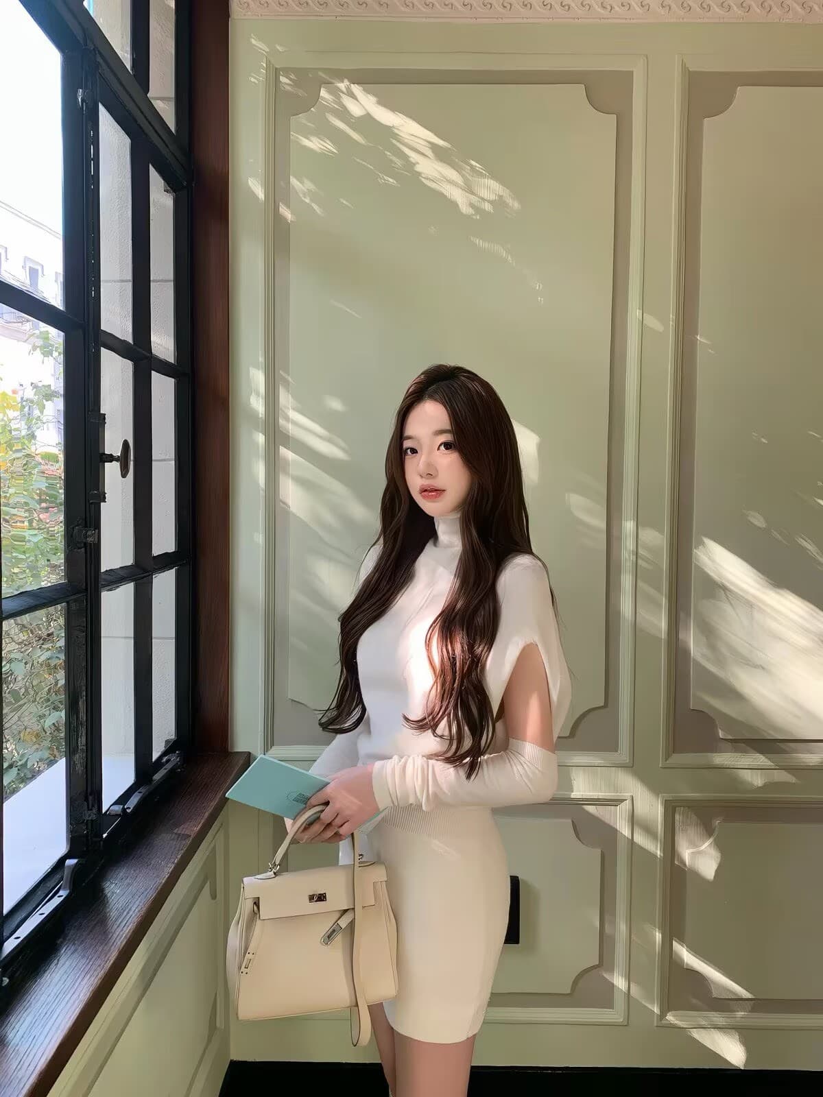 브라운 반하이넥 긴팔 드레스 여성 겨울 레트로 몸매 가꾸기 슬림해 보이는 미니 스커트 상세 이미지 1