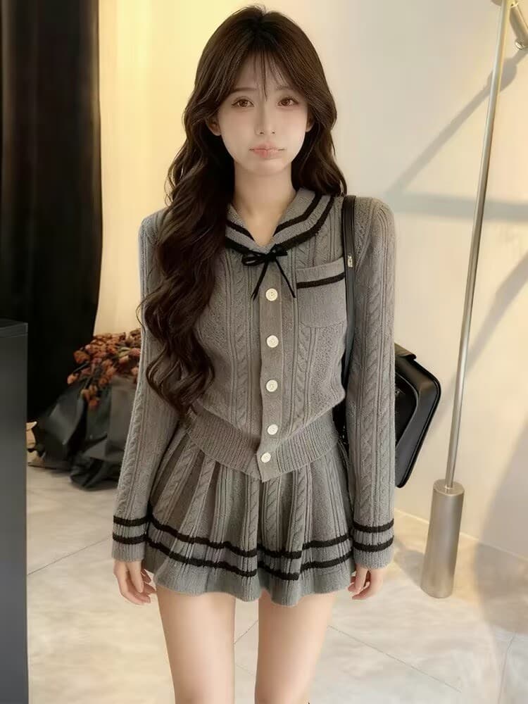 한 부서 학원 스타일 니트 세트 여성 연령 감소 슬림해 보이는 폴로 칼라 스웨터 하이웨이스트 슬림해 보이는 플리츠 미니 스커트 투피스 세트 이미지 2