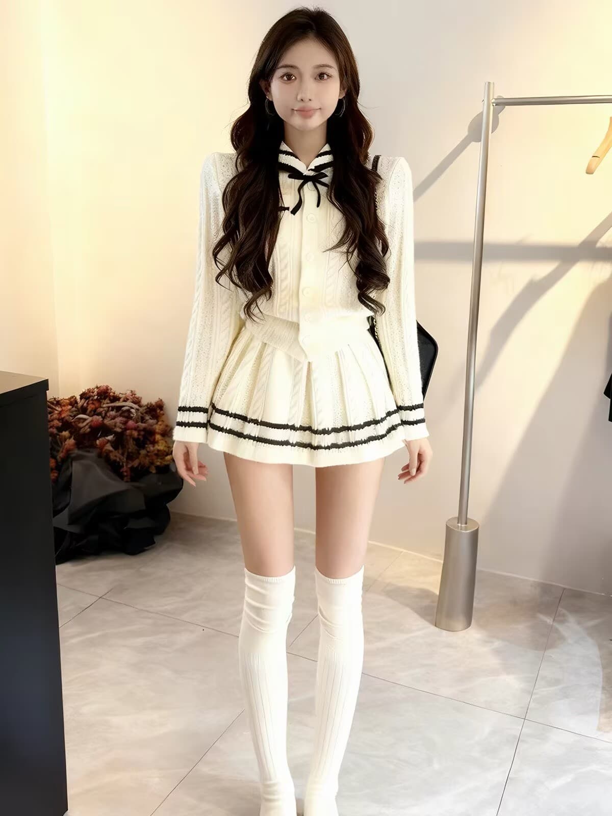 한 부서 학원 스타일 니트 세트 여성 연령 감소 슬림해 보이는 폴로 칼라 스웨터 하이웨이스트 슬림해 보이는 플리츠 미니 스커트 투피스 세트 상세 이미지 2