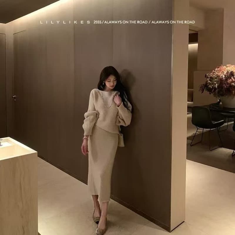 양모 부드러운 찹쌀 고급 질감 하나 슬라이스 불규칙 슈퍼 발 재료 맨위 반 스커트 세트 이미지 5