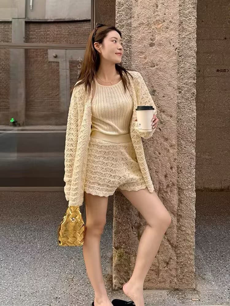 일본식 소녀 센스 착용 가져 가라. 전체 집합 홀로우 아웃 니트 오픈 가디건 인사이드 가져 가라. 행침 목 조끼 이른 가을 캐주얼 반바지 세트 상세 이미지 5