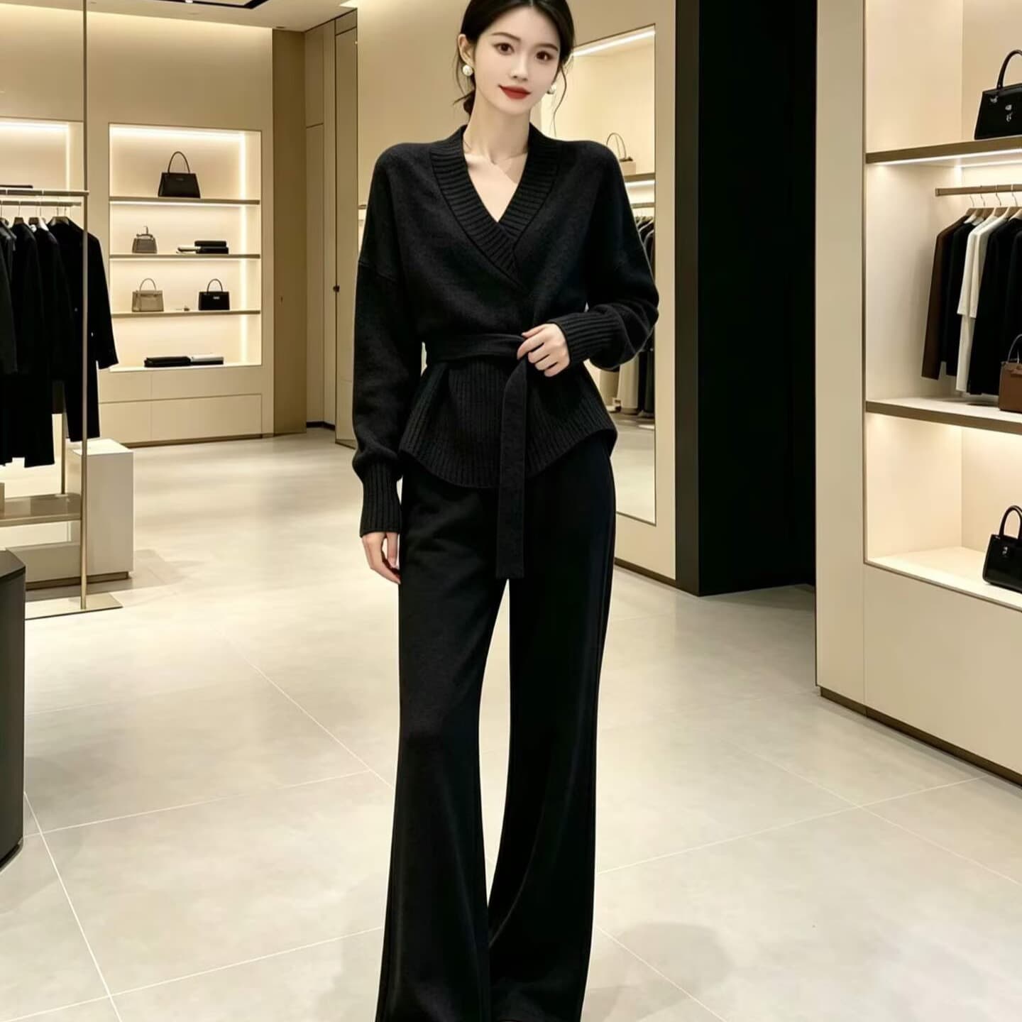 2026 새로운 패션 V넥 느긋한 레이스업 몸매 가꾸기 니트 스웨터 스웨터 와이드 레그 팬츠 투피스 슈트 이미지 6