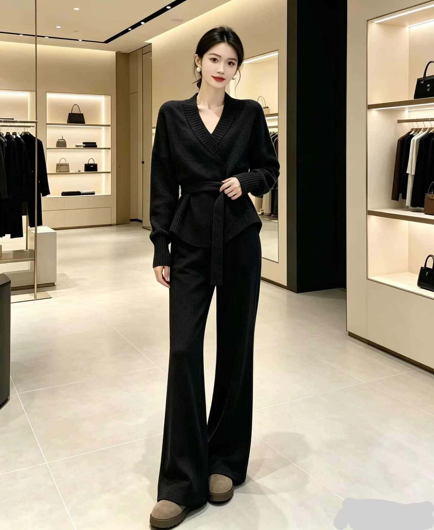 2026 새로운 패션 V넥 느긋한 레이스업 몸매 가꾸기 니트 스웨터 스웨터 와이드 레그 팬츠 투피스 슈트 상세 이미지 1