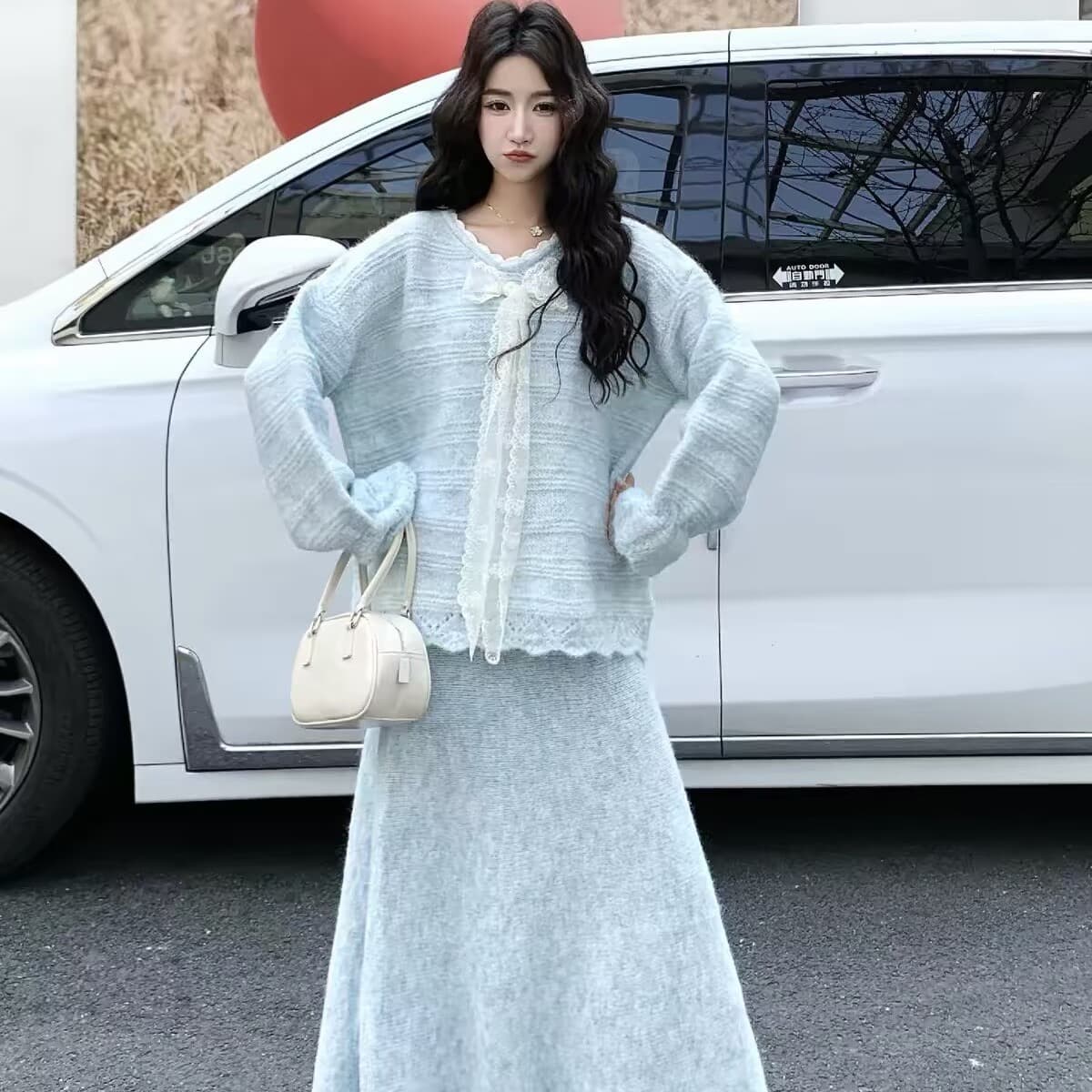 소금 달콤한 부서 착용 가져 가라. 연령 감소 레이스 나비 매듭 스웨터 니트 맨위 느긋한 바람 캐주얼 반신 스커트 투피스 세트 봄 이미지 2