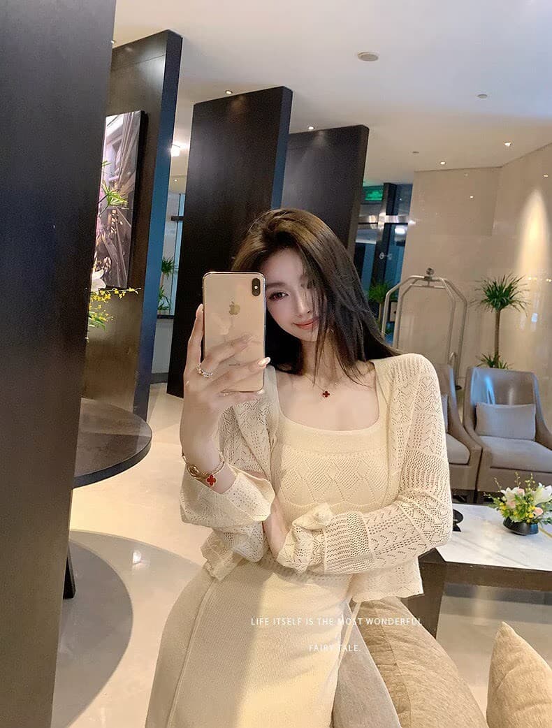 오래된 돈 휴가 센스 상쾌 부드러운 마 센스 홀로우 아웃 조끼 스커트 오픈 가디건 투피스 세트 상세 이미지 2