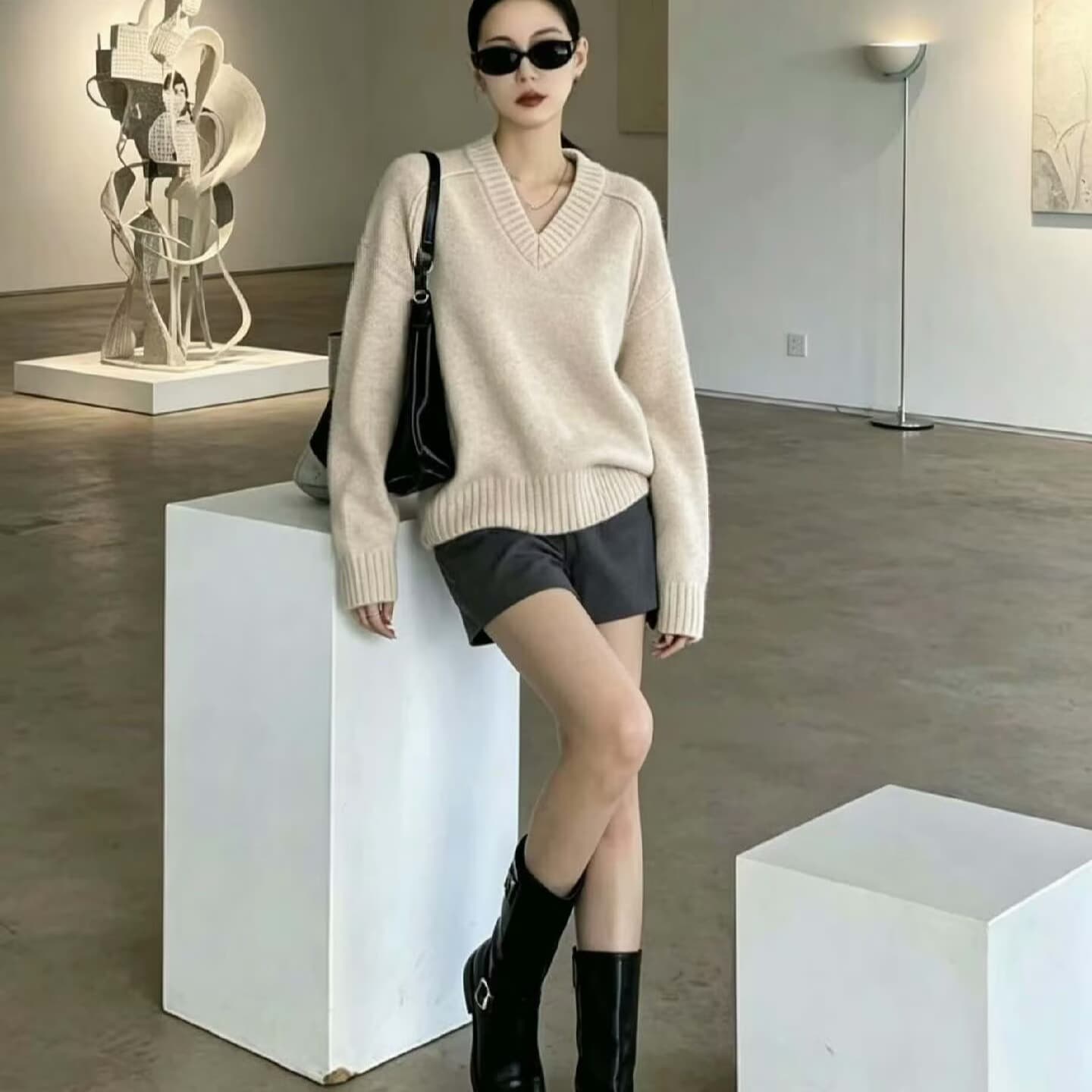 chic 작은 대중 품격 라운드 넥 니트 조끼 디자인 센스 십자가 스트랩 긴팔 스웨터 페이크 레이어드 맨위 이미지 5