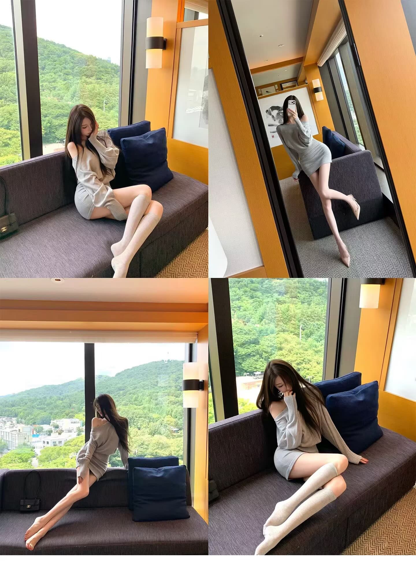 챠오어 luna gray 한 부서 느슨함 니트 비스듬한 어깨 의류 반 스커트 세트 이미지 4