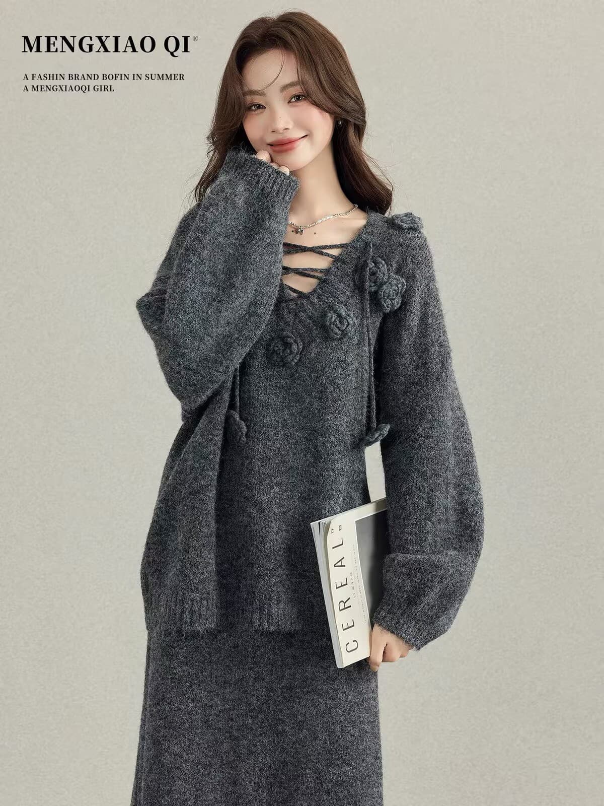 프랑스식 부드러운 바람 V넥 꽃 스웨터 여자 가을 겨울 새로운 품격 니트 반신 롱 스커트 투피스 세트 상세 이미지 1