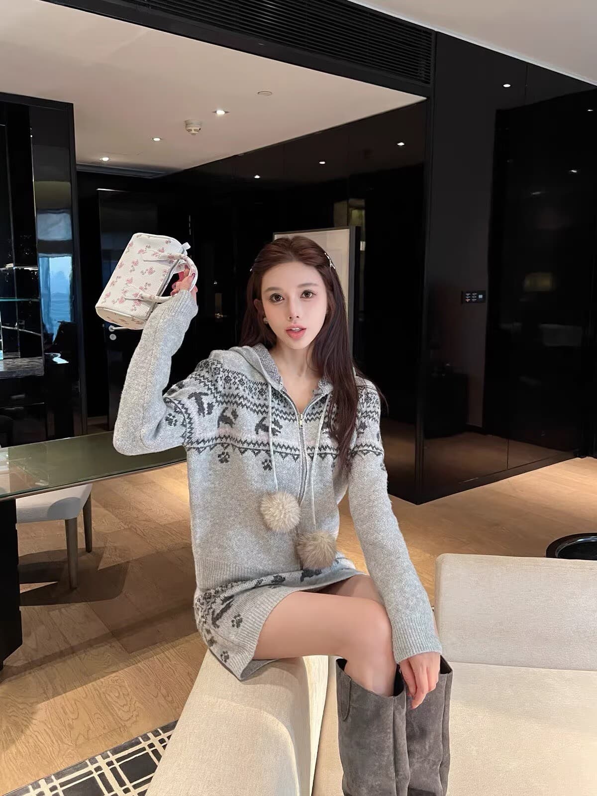 공정한 섬 자카드 세트 스웨터 카디건 코트 반신 스커트 투피스 세트 상세 이미지 5