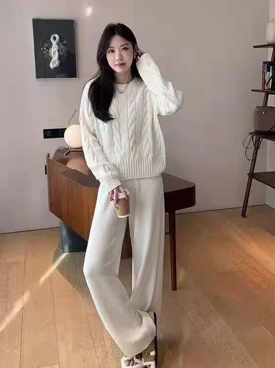 꽈배기 와이드 레깅스 바지 부드러운 찹쌀 가을 겨울 새로운 캐주얼 풀오버 외출용 니트 세트 라운드 넥 투피스 세트 루즈핏 이미지 2