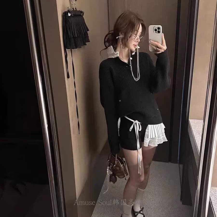 한국 ins 배색 폴로 칼라 부서 버클 풀오버 디자인 문예 팬 질감 센스 니트 스웨터 상세 이미지 1