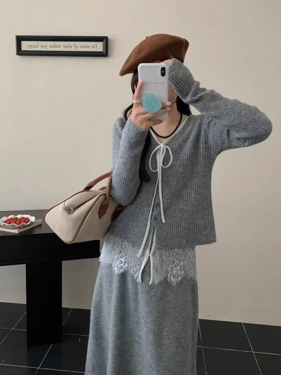 순수한 욕망 레이스업 V넥 니트 오픈 가디건 세트 레이스 인사이드 가져 가라. 반신 스커트 부드러운 슬림해 보이는 투피스 세트 가을 겨울 새로운 상세 이미지 1