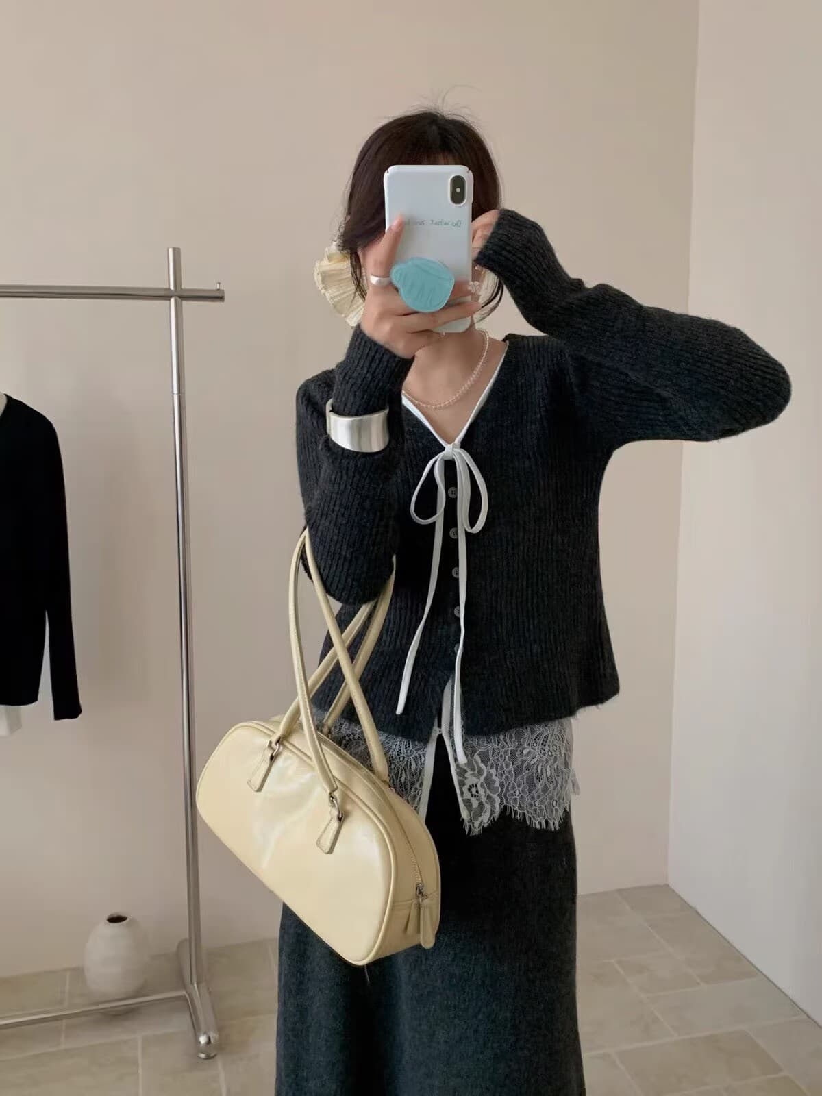 순수한 욕망 레이스업 V넥 니트 오픈 가디건 세트 레이스 인사이드 가져 가라. 반신 스커트 부드러운 슬림해 보이는 투피스 세트 가을 겨울 새로운 상세 이미지 3