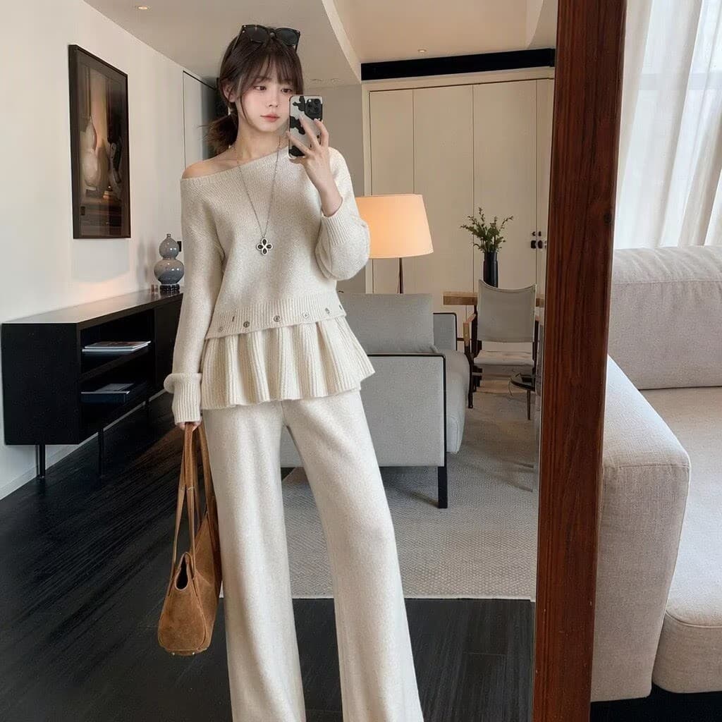 2026 년 새로운 프랑스식 품격 Chic 요정 바람 보트넥 스웨터 슬림해 보이는 이른 가을 세트 드레스 상세 이미지 2