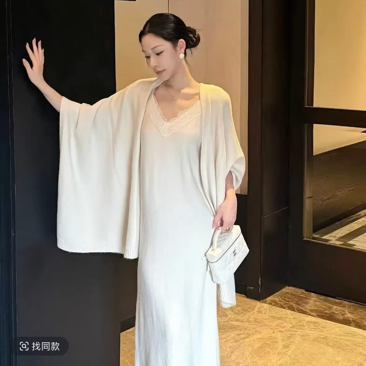 아름다운 ootd 세트 완료 착용 가져 가라. 전체 집합 명문 여성 작은 샤넬 스타일 우유 화이트 숄 슬립 드레스 니트 두 조각 여성 세트 이미지 2