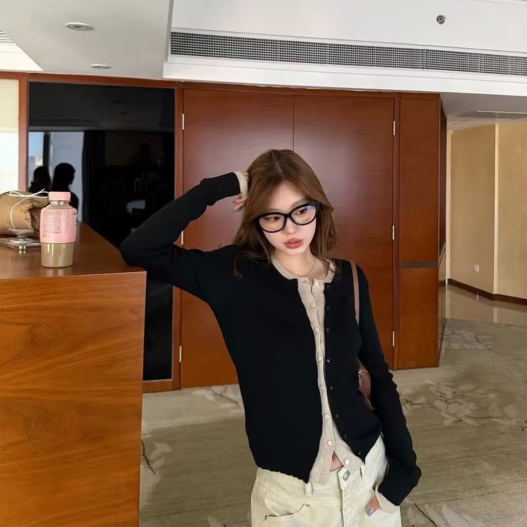 세련된 스택 음악 한 부서 계층의 감각 몸매 가꾸기 맨위 여성 페이크 레이어드 패치워크 색상 양모 니트 오픈 가디건 이미지 5